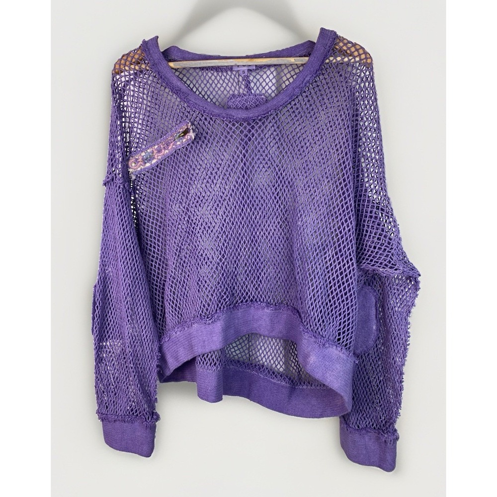 POL Women's S Purple Mesh Sequin Zip Elbow Patch Pullover Top